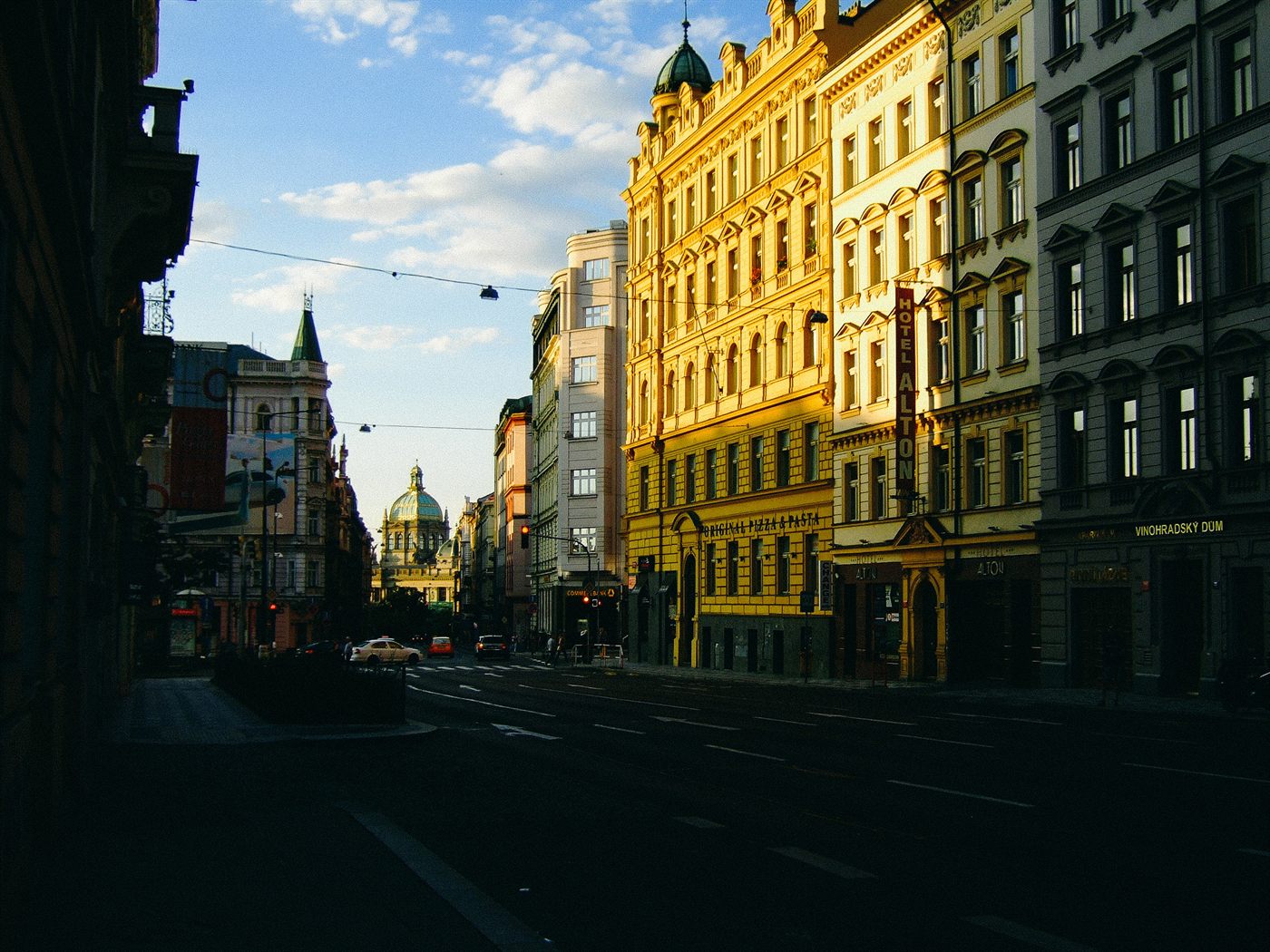 Diagonal shadow across concrete facade